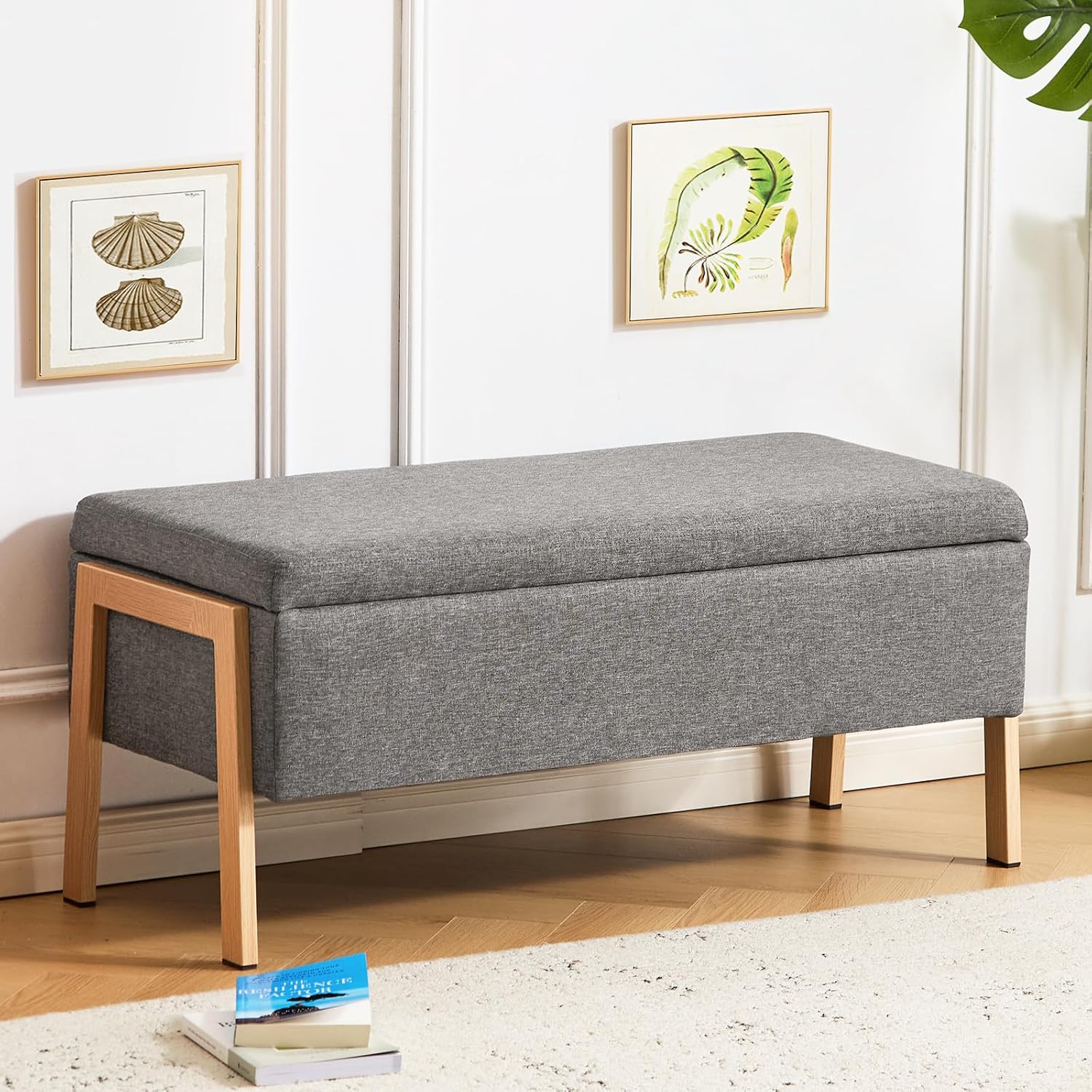 Furniliving Storage Bench for Bedroom, Modern End of Bed Storage Ottoman Bench, Upholstered Linen Ottoman Bench with Metal Legs, Folding Bedroom Bench for Living Room, Entryway, Grey