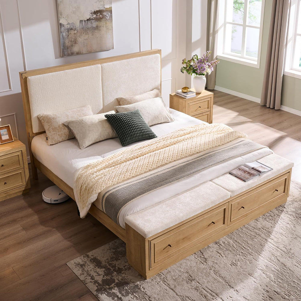 ACCOHOHO King Bed Frame w/Upholstered Headboard,Storage Bench,Natural Oak