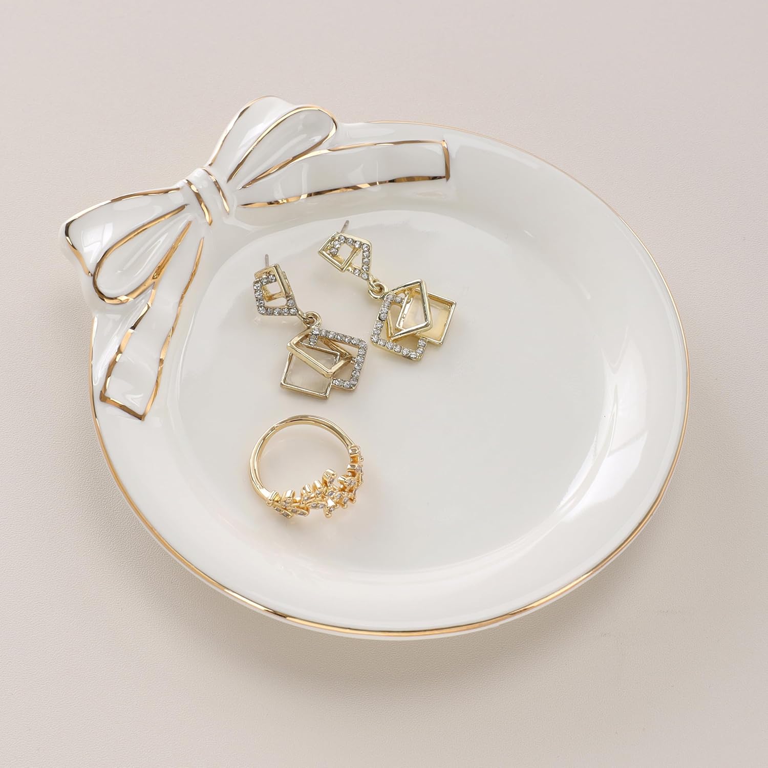 Ceramic Ring Dish with Bow,Engagement Wedding Gifts for Women-Decorative Jewelry Tray for Rings,Earrings,Trinket Tray Plate,Key Bowl-Birthday Basket Gift Idea for Women