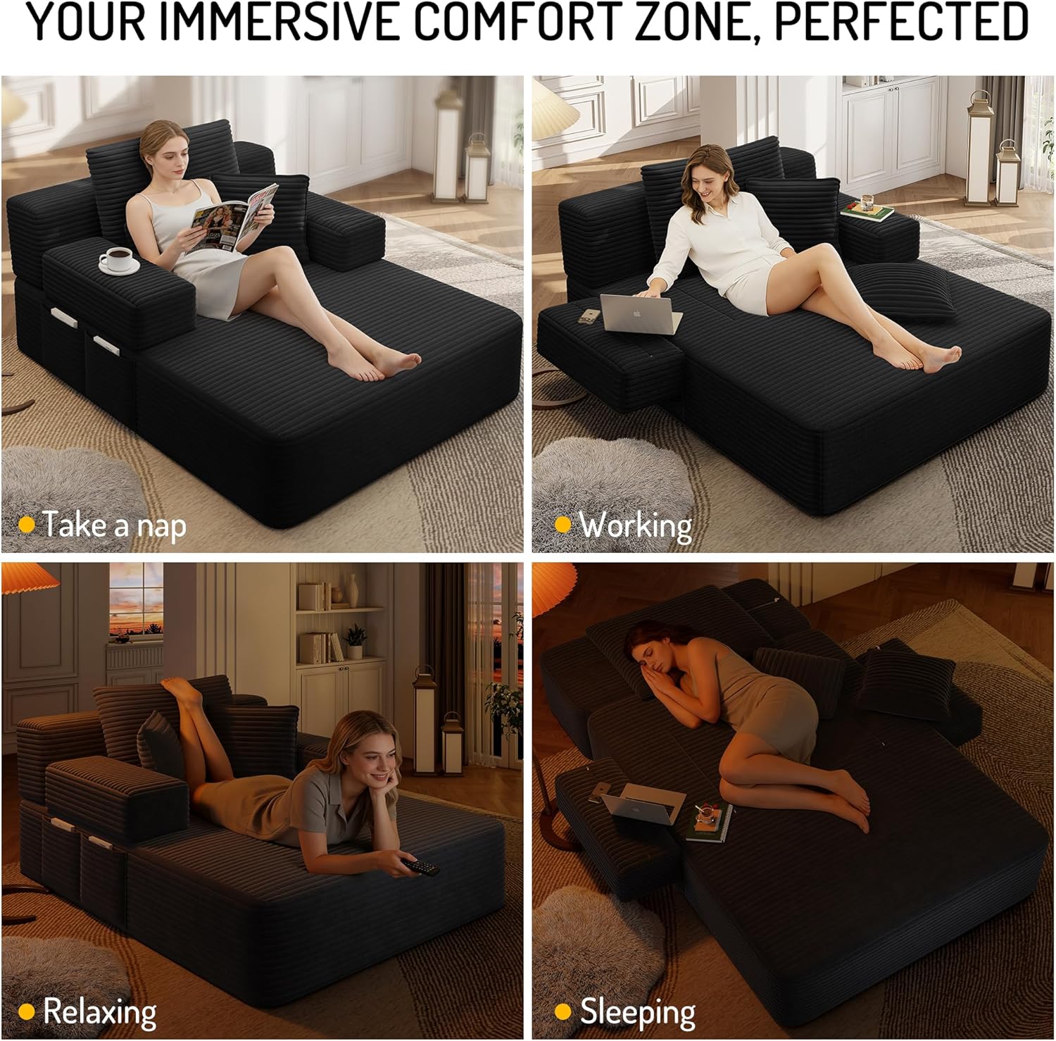 Avenix 70" Oversized Boneless Chaise Lounge Chair Indoor, Corduroy Comfy Oversized Reading Sleeper Chair Boneless Sofa Couch Bed with 3 Fluffy Pillows, No Assembly Required, Black