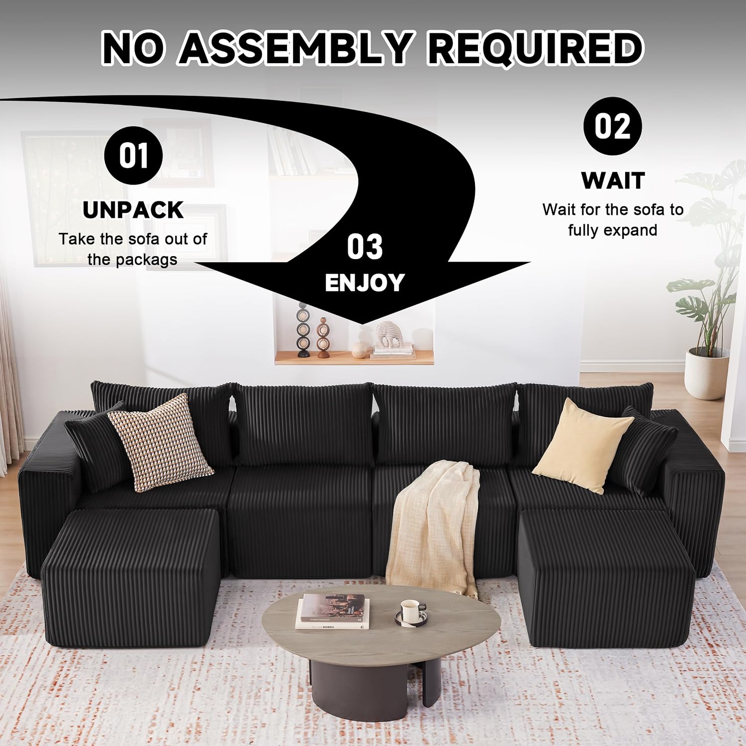 135.4" Sectional Couches for Living Room, U Shaped Boneless Couch, Black | Deep Seat Modular Sectional Sofa for Living Room, Upholstered Corduroy Couch for Apartment, Converts to Bed for Movie Nights