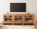 WAMPAT Farmhouse TV Stand for TVs up to 85”, Rustic Wood Entertainment Center with Adjustable Shelf, Glass Doors & Storage, Media Console Cabinet for Living-Room, Bedroom, Mocha