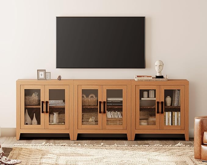 WAMPAT Farmhouse TV Stand for TVs up to 85”, Rustic Wood Entertainment Center with Adjustable Shelf, Glass Doors & Storage, Media Console Cabinet for Living-Room, Bedroom, Mocha