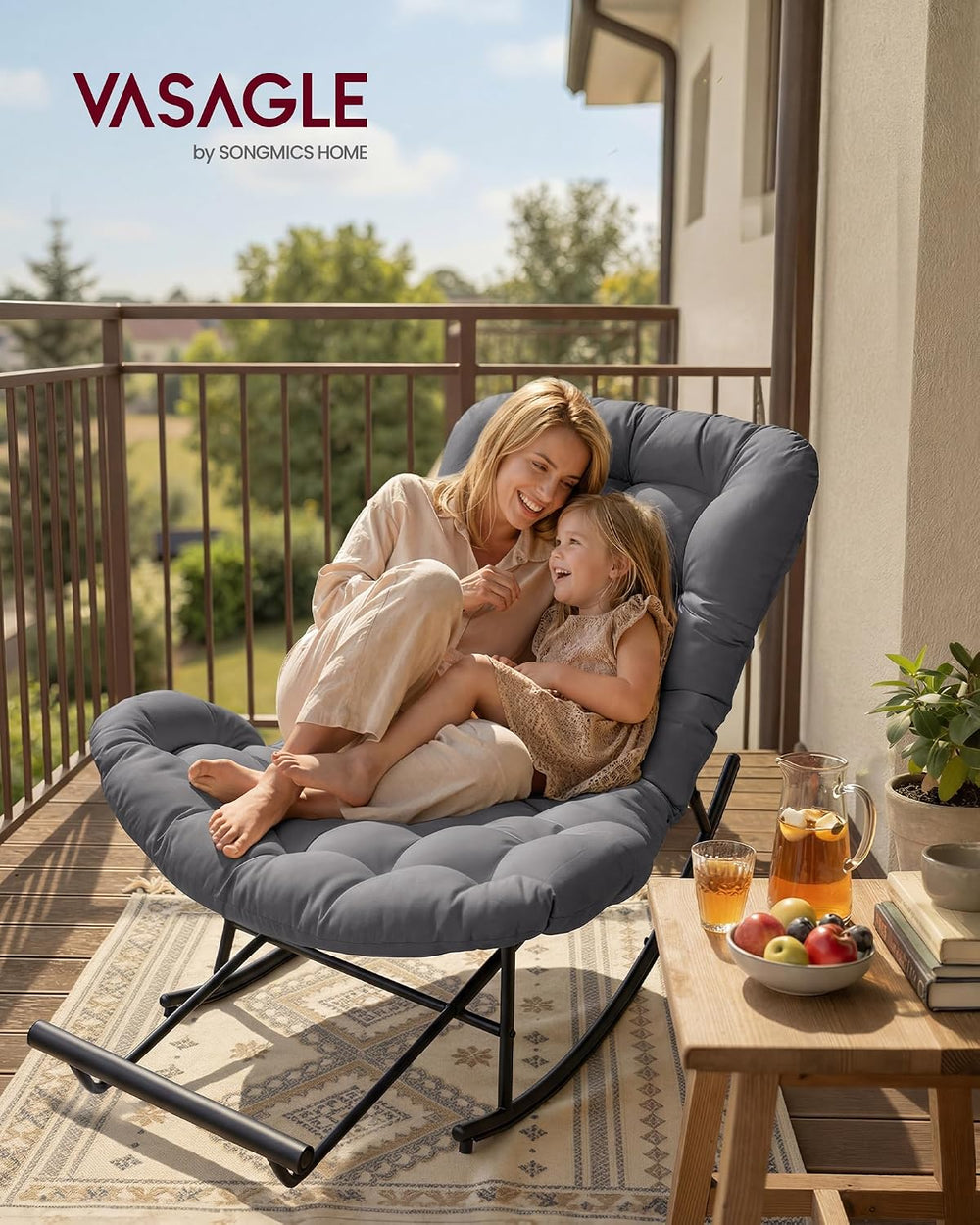 VASAGLE Papasan Chair, Outdoor Rocking Chair, Outdoor Furniture, Steel Frame,...