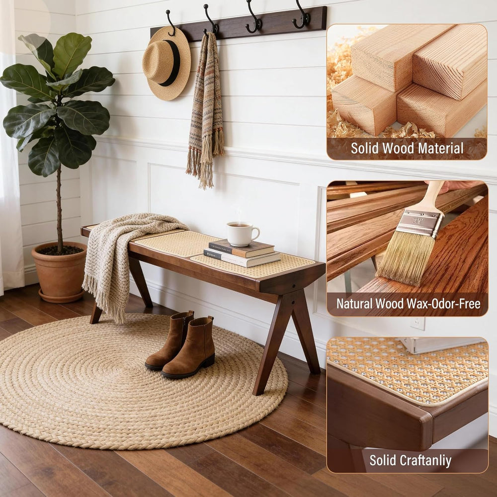 Furlide Wooden Rattan Dining Bench for Entryway, 49”Farmhouse Solid Wood Indo...