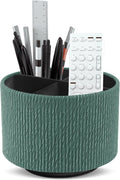 Round Leather Art Supply Organizer,Remote Control Holder,360 Degree Spinning,Multi-Functional Pencil Holder,4 Compartments Desktop Stationary Organizer(1-Wood Green)