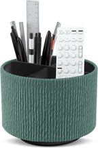 Round Leather Art Supply Organizer,Remote Control Holder,360 Degree Spinning,Multi-Functional Pencil Holder,4 Compartments Desktop Stationary Organizer(1-Wood Green)