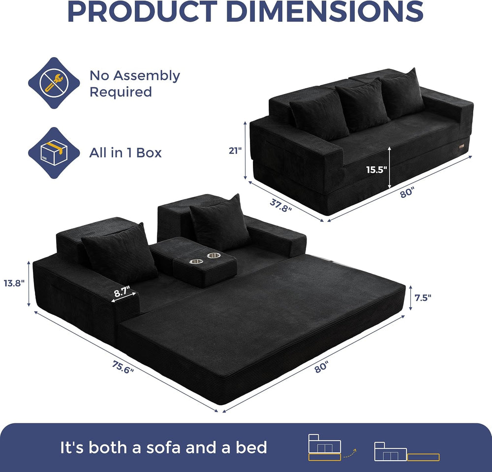 MAXYOYO Sofa Bed, 80-Inch Oversized Loveseat, 2 Cup Holders | Corded Black 4-...