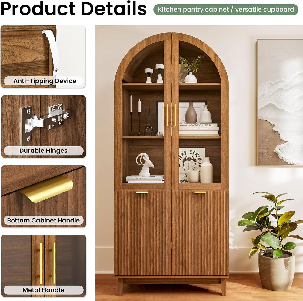 71" Tall Arched Pantry Cabinet, Kitchen Pantry with Glass Doors & Fl...
