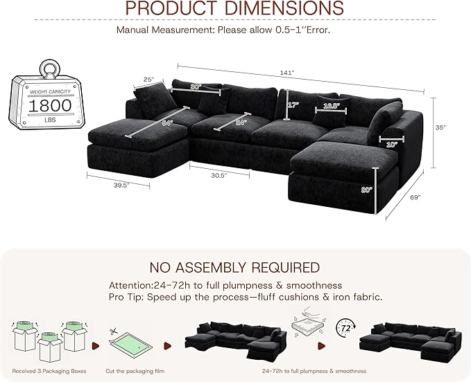 141'' Oversized Cloud Sectional Boneless Couch for Living Room, Modern Big Compressed U Shape Couch with 2 Ottoman 2 Throw Pillows, Comfy Chenille Deep Seat Memory Foam Spineless 6 Seater Sofa,Black | No Assembly Needed, Premium Chenille, Flexible Modu...