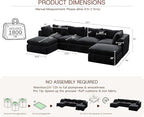 141'' Oversized Cloud Sectional Boneless Couch for Living Room, Modern Big Compressed U Shape Couch with 2 Ottoman 2 Throw Pillows, Comfy Chenille Deep Seat Memory Foam Spineless 6 Seater Sofa,Black | No Assembly Needed, Premium Chenille, Flexible Modu...