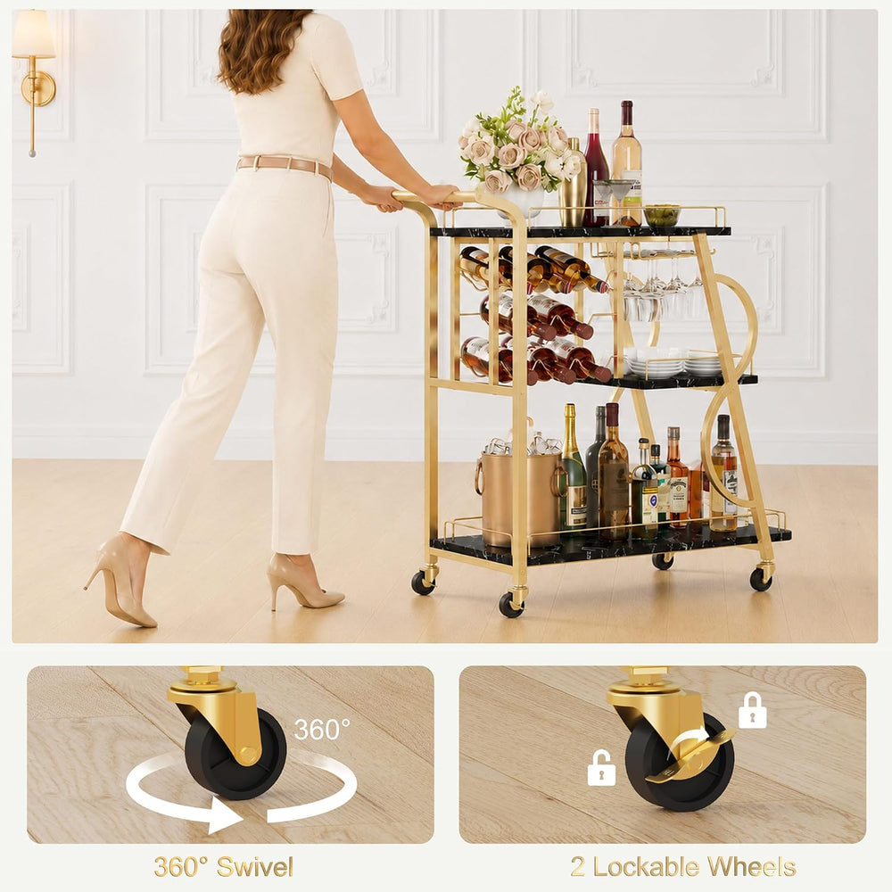 Bar Cart for Home, Home Bar Serving Cart on Wheels, 3 Tier Liquor Carts with ...