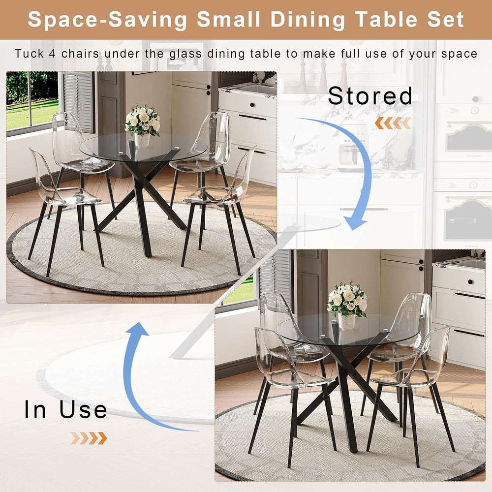 Round Dining Table Set for 4, 39" Glass Dining Table Set with Black Adju...