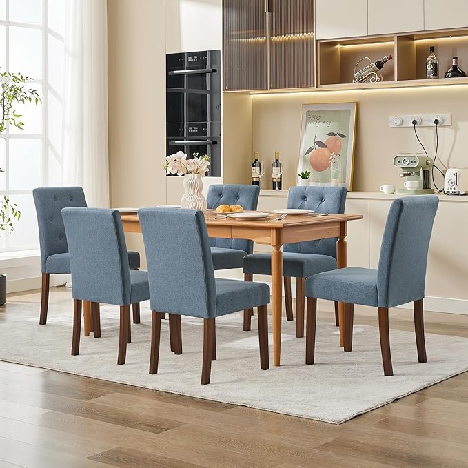 Upholstered Dining Chairs Set of 6, Button Tufted Parsons Chairs with Wood Legs and Padded Seat, Modern Fabric Side Chairs for Dining Room Kitchen Farmhouse Hotel, Blue
