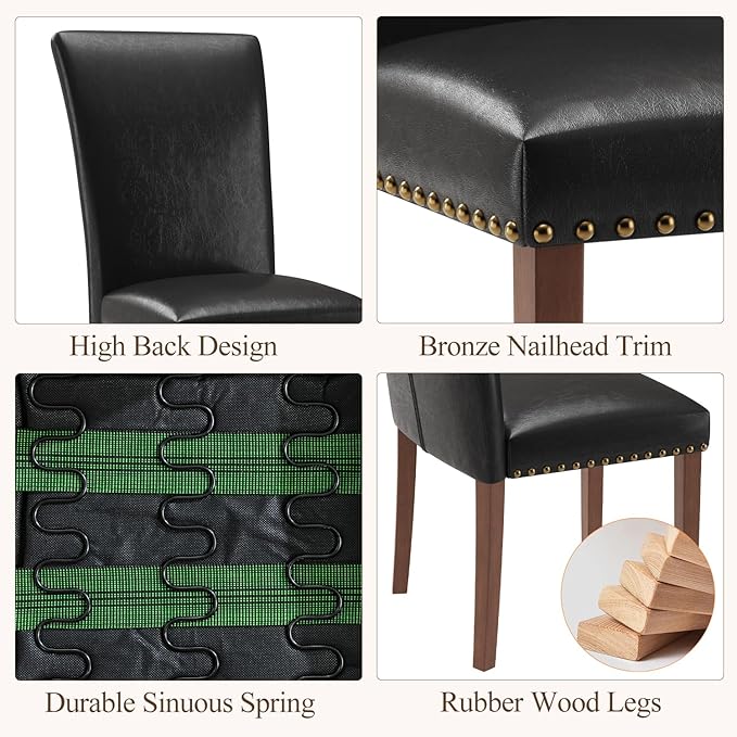 Stylish Dining Chairs Set of 4, Upholstered Parsons Dining Room Chair with Nailhead Trim, Kitchen Room Chair with Thick Cushions and Wood Legs, Nailhead Trim, Black Leather