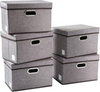 PRANDOM Collapsible Storage Containers with Lids [5-Pack] Linen Fabric Foldable Storage Bins Boxes Organizer Baskets Cube with Cover for Home Bedroom Closet Office Nursery (14.9x9.8x9.8)