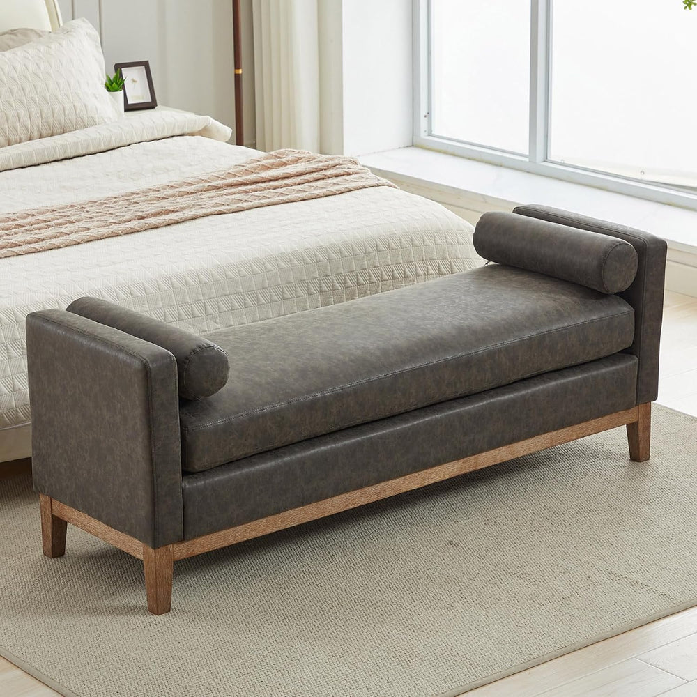 End of Bed Bench for Bedroom, 66.34'' Long King Size Vegan Leather Be...