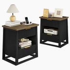 HIFYOBRO Fluted Nightstands Set of 2 with Charging Station & Motion Sensor Light, Modern Bedside Tables with 2 Drawers and Storage Shelf for Bedroom, Black