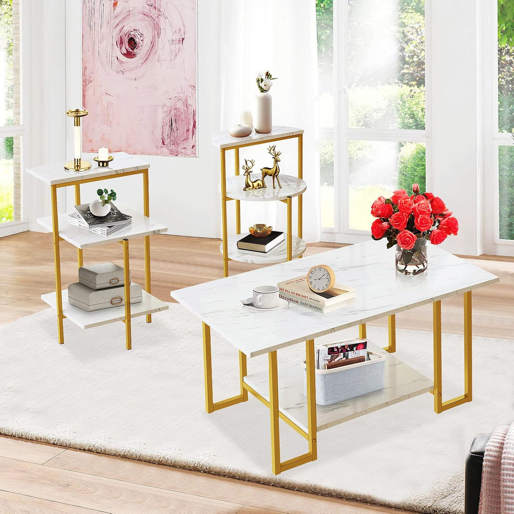 Coffee Table Set of 3, Faux Marble Coffee Table & 2pcs End Table with Met...