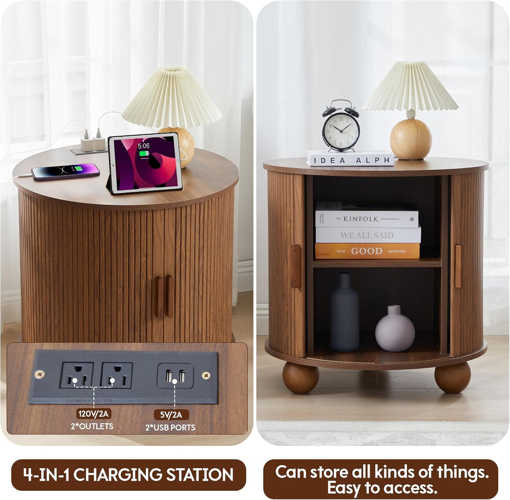 24" End Table with Charging Station, Farmhouse Round Fluted Wood Night S...