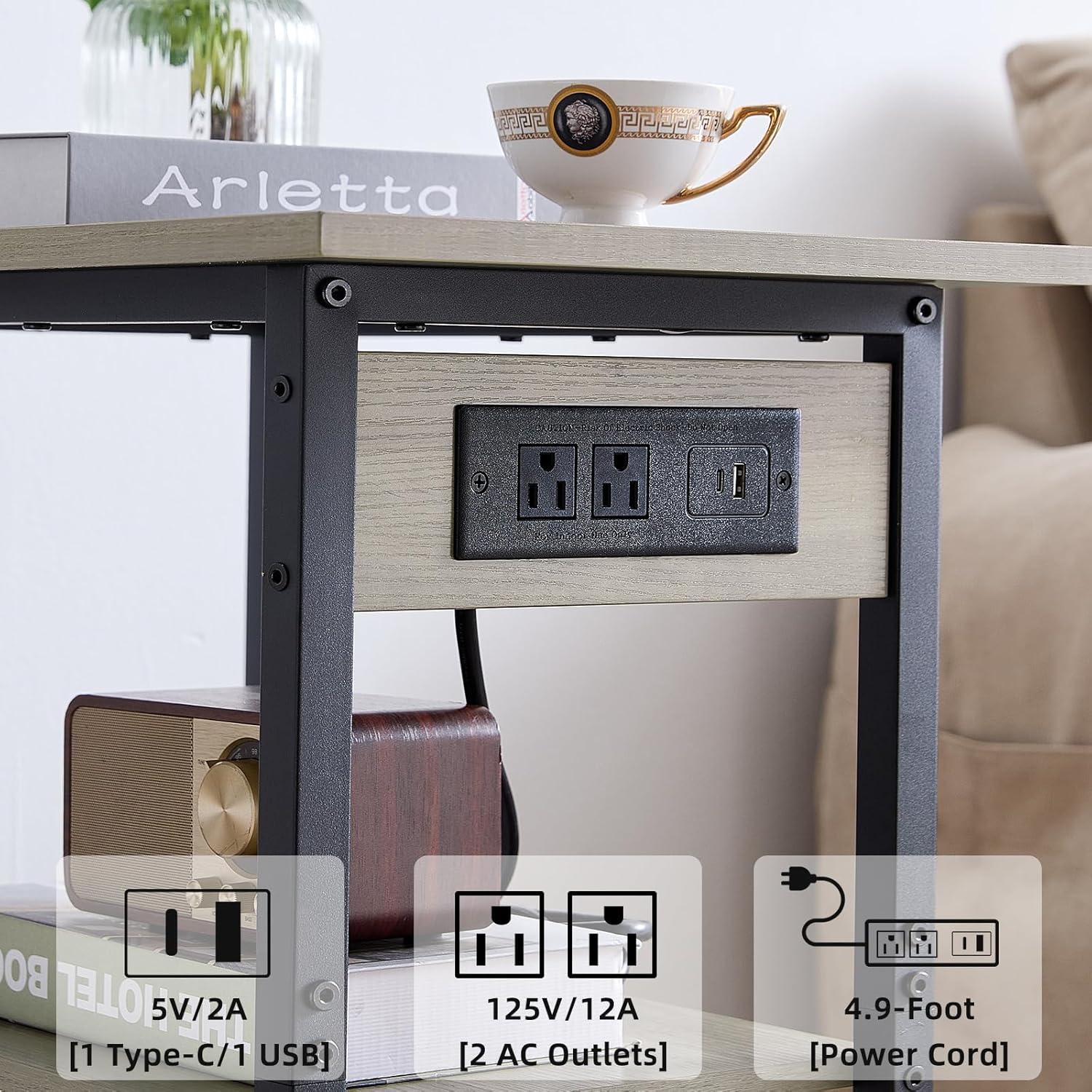 Lerliuo 3-Tier Printer Stand with Charging Station, Industrial Mobile Printer Table with Storage Shelf and Steel Frame, Rolling Printer Cart Holder with Lockable Wheels for Home, Office (Oak)