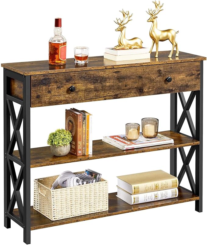 Yaheetech TV Stand for TV up to 45 inch, Entertainment Center with Drawer, Media Console Table with Storage Shelves, for Living Room, Metal Frame, Rustic Brown