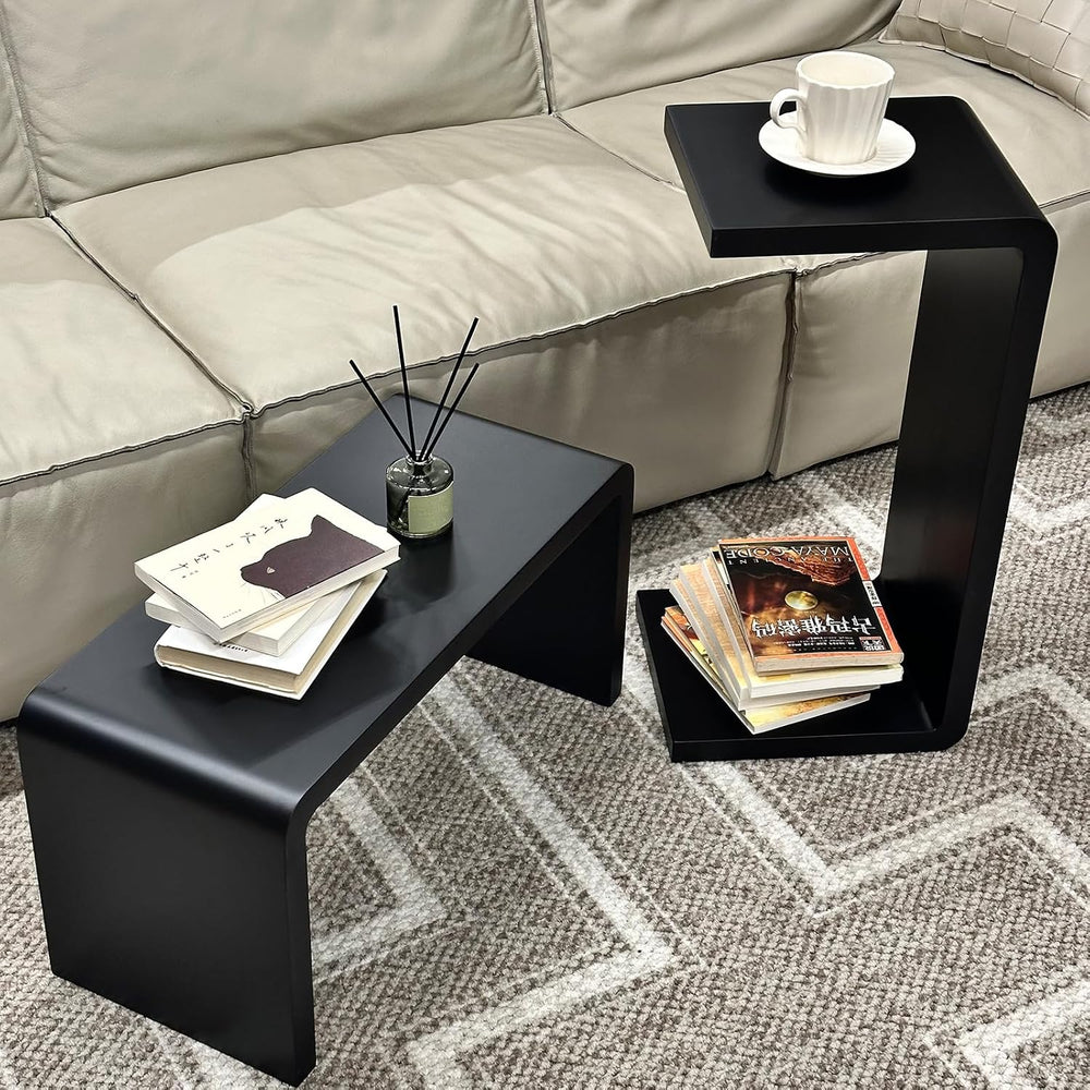 C Shaped End Table, Solid Wood Sofa Side Table for Couch, Bed, and Living Roo...