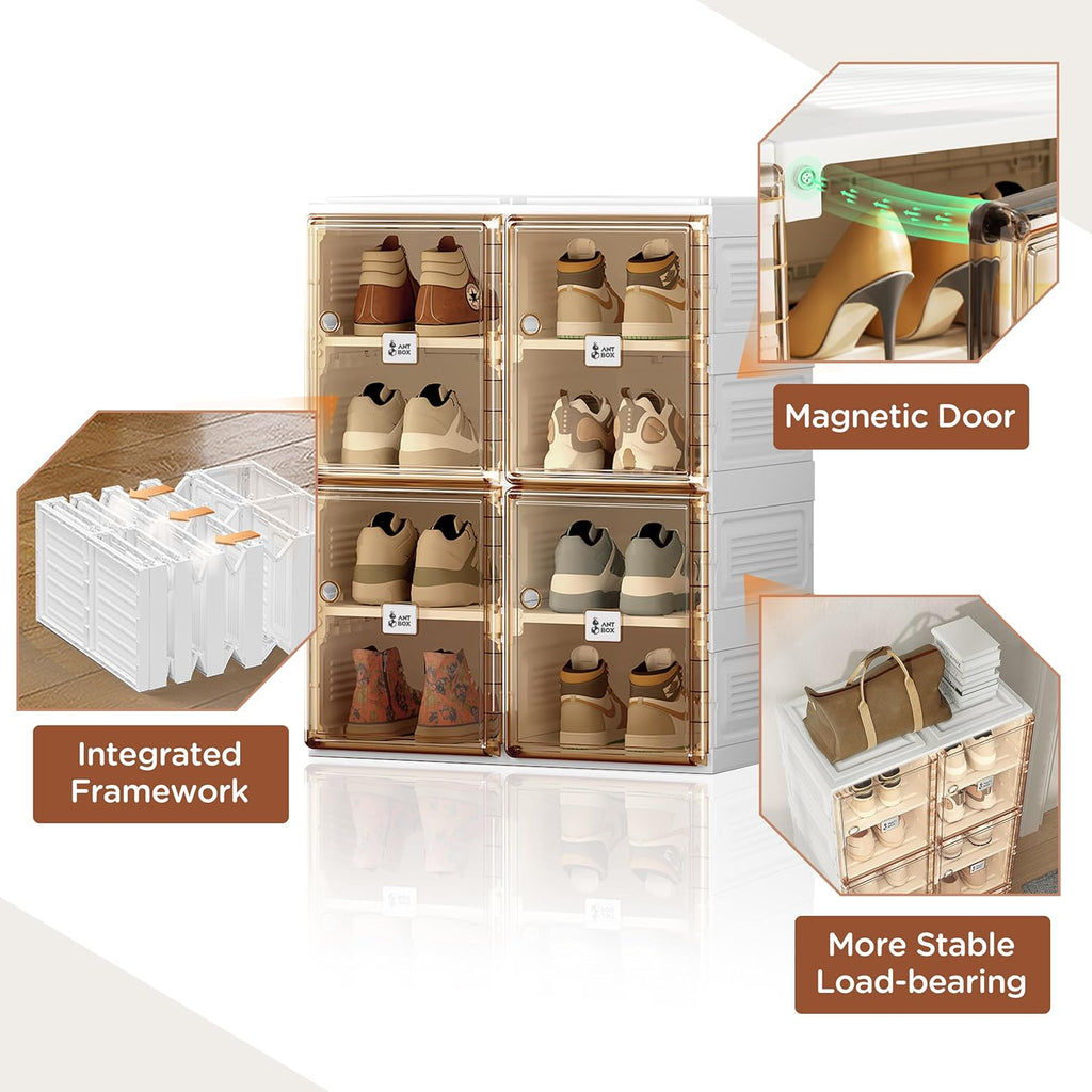 ANTBOX Shoe Organizer Storage Box, Portable Folding Shoe Rack For Closet With Magnetic Clear Door,Large Sneaker Cabinet Bins All-in-one Sturdy Easy Assembly 4 Layers-8 Grids