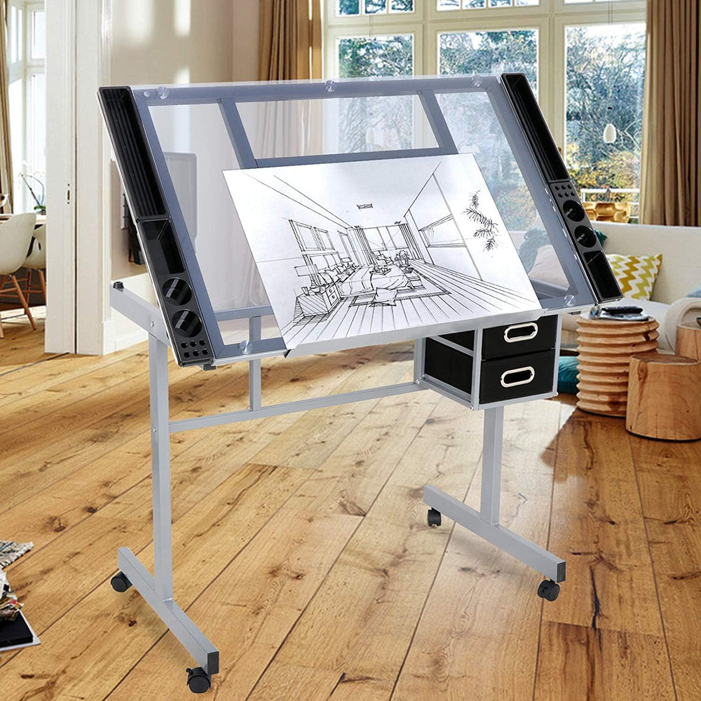 Adjustable Drafting Table Drawing Desk Art Craft Station Drafting Desk Glass ...