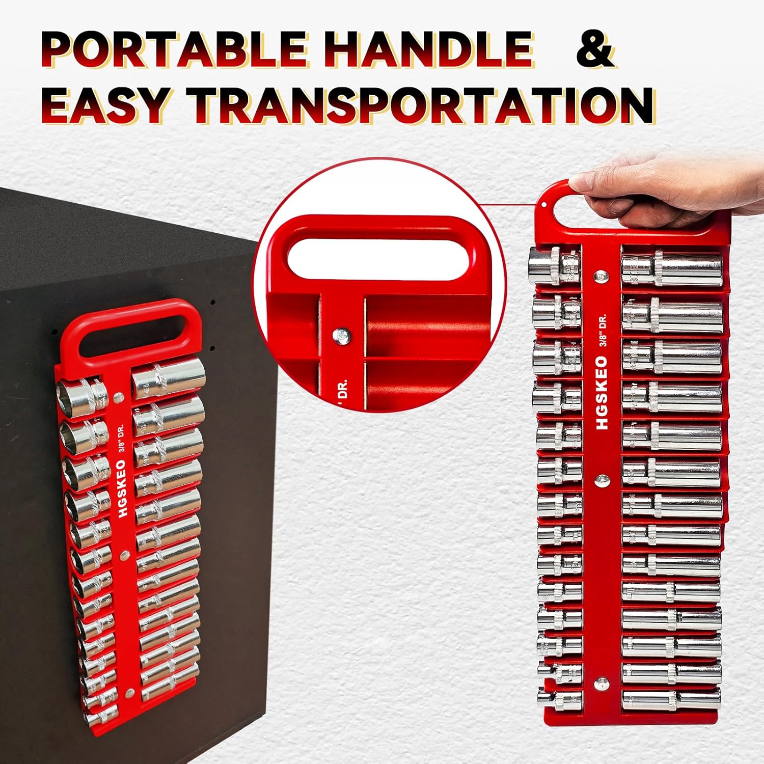 Magnetic Socket Holder Set with Handle, Portable Socket Organizer, Heavy Duty Socket Racks 3/8" Drive Holders Hold 28 standard Sockets for Tool Box (Red, 3/8" Drive)
