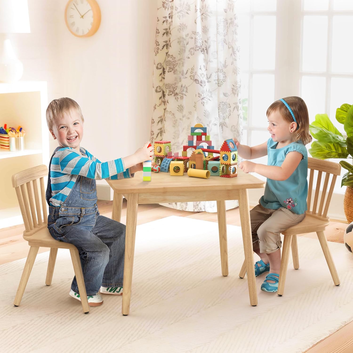 Curipeer Windsor Kids Table and 2 Chair Set, Rubberwood Children Toddler Table and Chair Set with Non-Slip Legs/Round Edge Design for Art, Play, Craft, Activity, Natural Wood