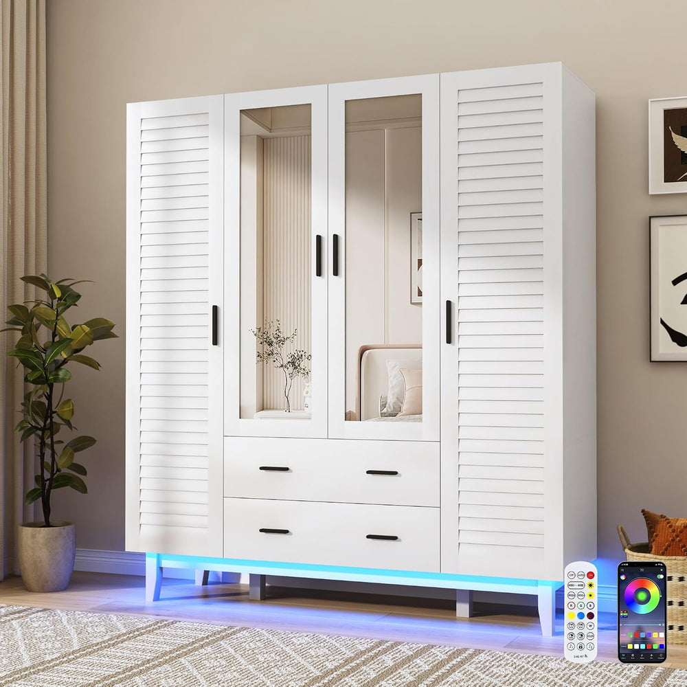 jiteentarou 4 Door Armoire Wardrobe Closet Cabinet with Drawers and LED Light...
