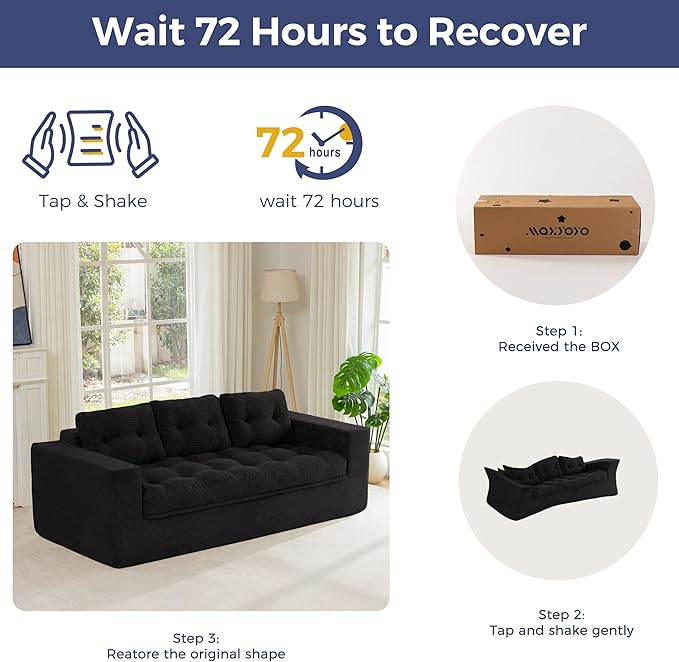MAXYOYO 79" Loveseat Sofa Couch for Small Spaces, Upholstered Boneless Cloud Couch for Apartment Bedroom, 2-Seater Love Seat Floor Modern Sofa with Pillows, No Assembly Required, Black