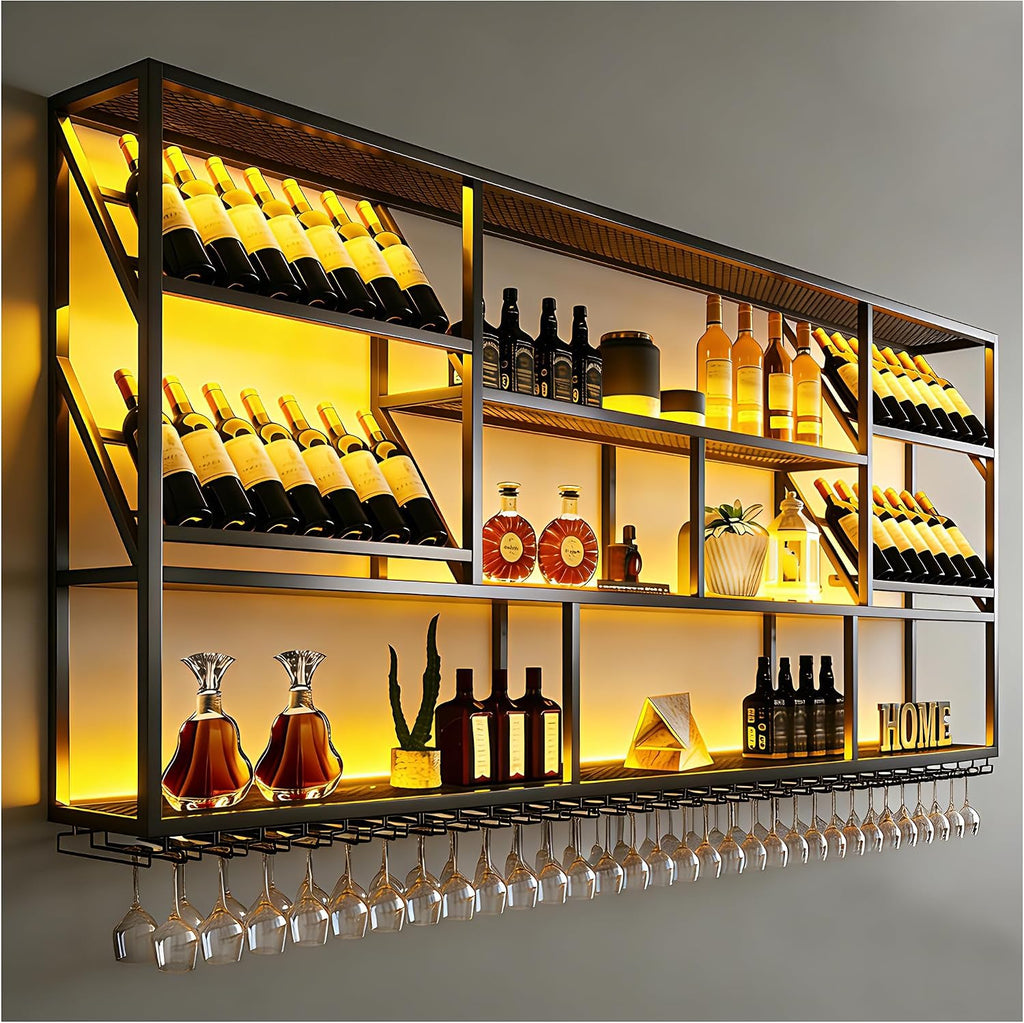 59" Wall Mounted Wine Rack, 3-Tier Liquor Shelf with Glass Holder | Large metal wines bottle display shelf, modern bar shelves. For Kitchen Dining Bar Home