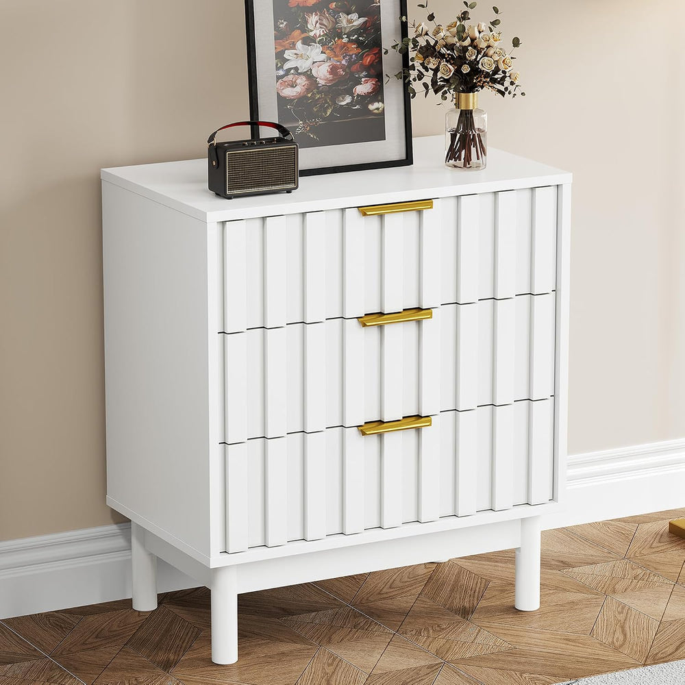 RoyalCraft 3 Drawer Nightstand, Modern Fluted Chest of Drawers, Wooden Storag...