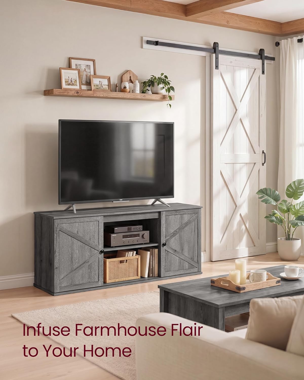 VASAGLE Farmhouse TV Stand for TVs up to 65 Inches, Entertainment Center with Storage Cabinets and Sliding Barn Doors, Media Console Table for Living Room, Grey ULTV535G101