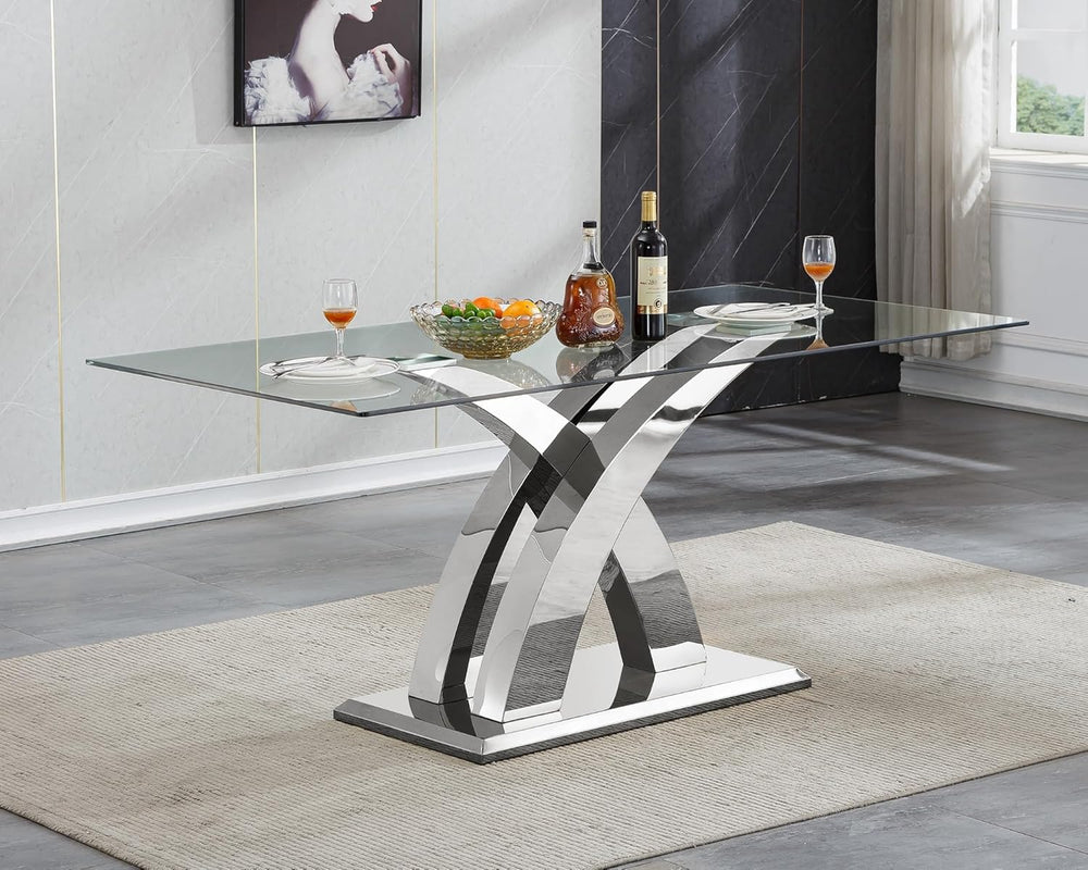 70'' Modern Glass Dining Table for 4-8 People, High Gloss Stainless S...