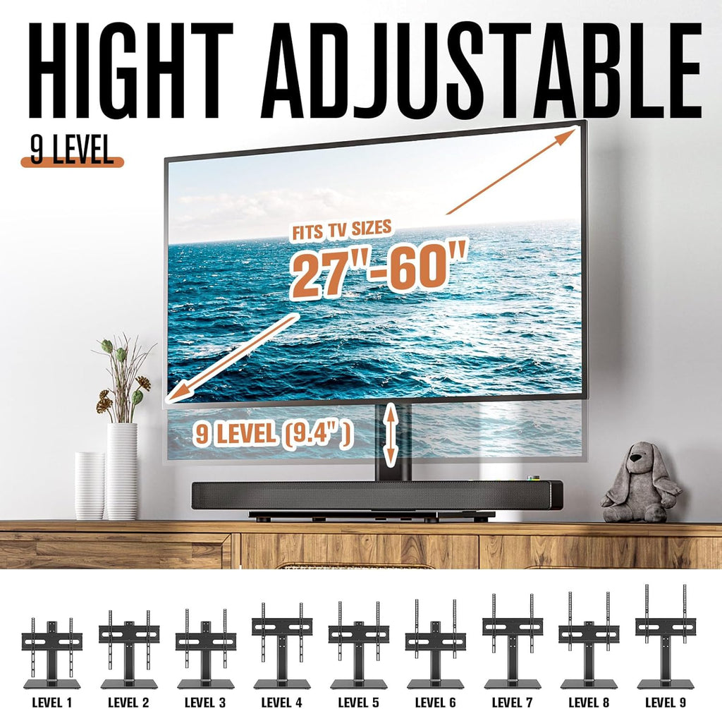Universal Swivel TV Stand - Table Top TV Stand for 27-60 inch LCD LED TVs - Height Adjustable TV Base Stand with Tempered Glass Base & Wire Management, VESA 400x400mm HT06B-002