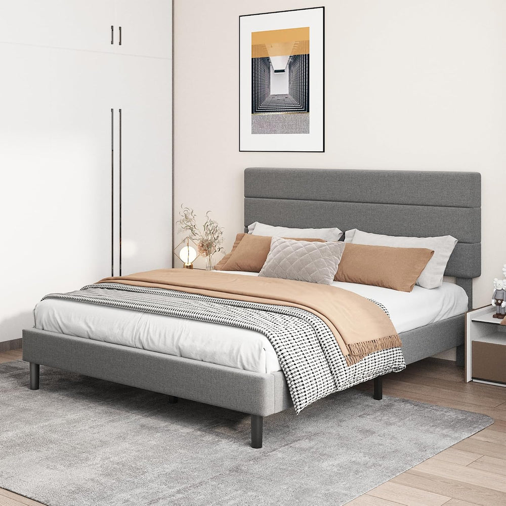 Queen Platform Bed Frame with Adjustable Linen Fabric Upholstered Headboard, ...