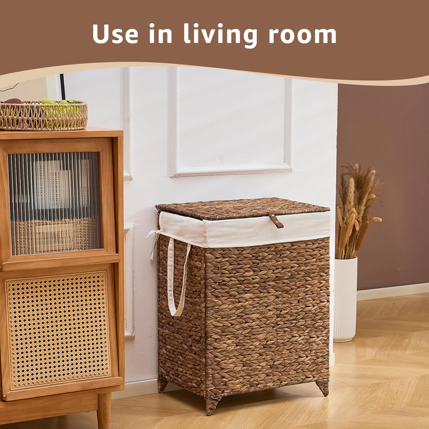Laundry Hamper with Lid and Removable Liner Bag, Handwoven Natural Hyacinth Clothes Hamper with Heightened Feet, Wicker Laundry Basket for Clothes and Towels，Middle