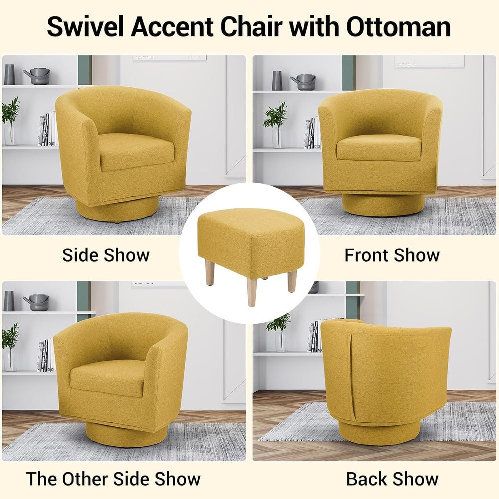 DAZONE Swivel Accent Chair Set of 2 with Ottoman Barrel Armchairs Yellow