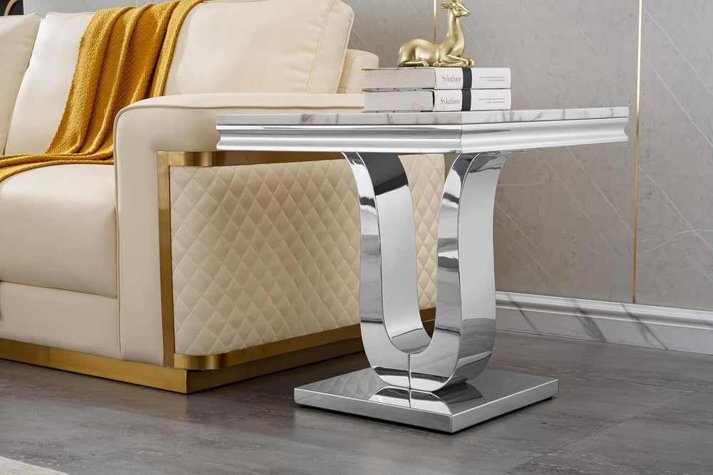 Faux Marble End Table, Modern Rectangular Conner Table with Faux Marble Top U...