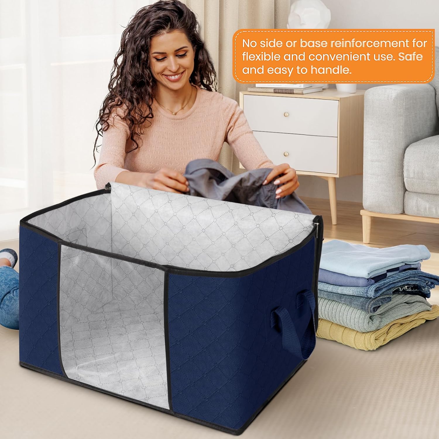 Fab totes 24 Gallons Clothes Storage,Foldable Thick Fabric Blanket Storage Bags,Containers for Organizing Bedroom, Closet, Clothing, Comforter,Organization with Handle (6 Pack,Blue)