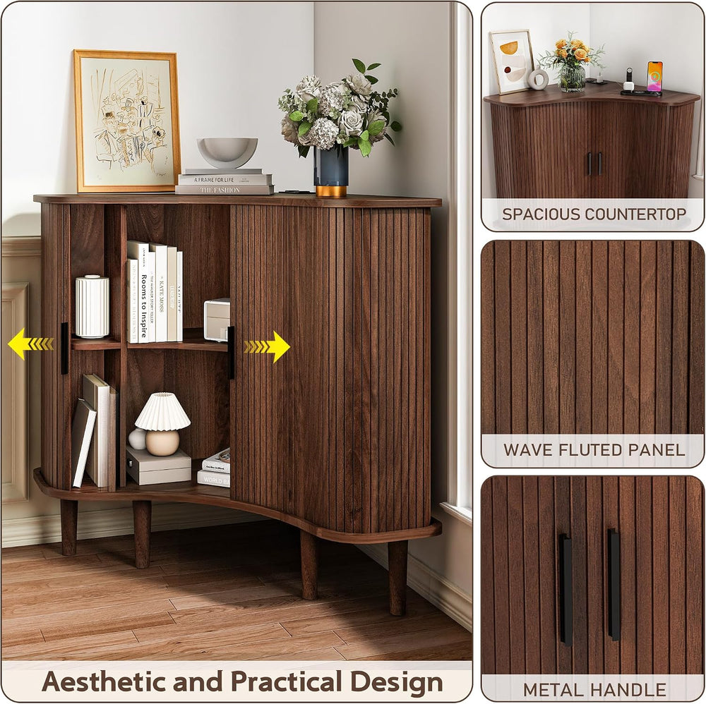 wanan Wood Fluted Corner Cabinet with Built-in Outlets, Triangle Storage Cabi...