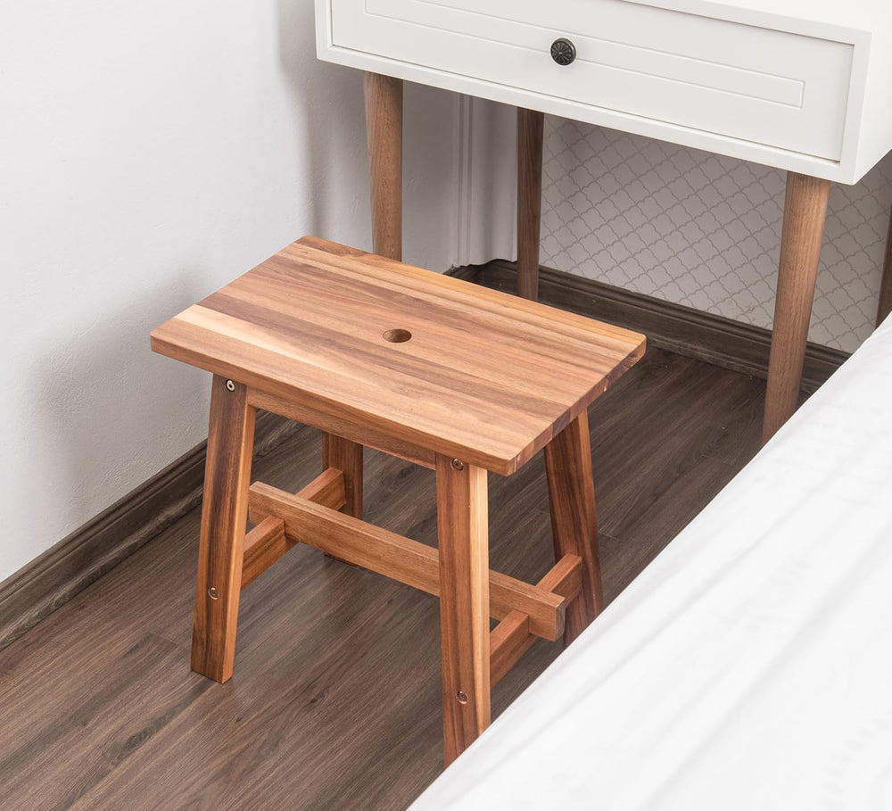 18-Inch Rectangular Acacia Wood Stool, Small Bench, Natural Wood