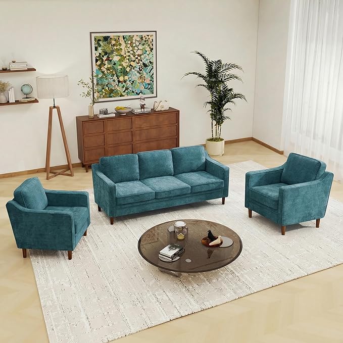 Kingfun Living Room Furniture Sets, 3 Seater Couch and 2 Armchair, Mid Century Modern Sofa Set, Chenille Couch with Solid Wood Frame for Living Room & Bedroom, Water Green