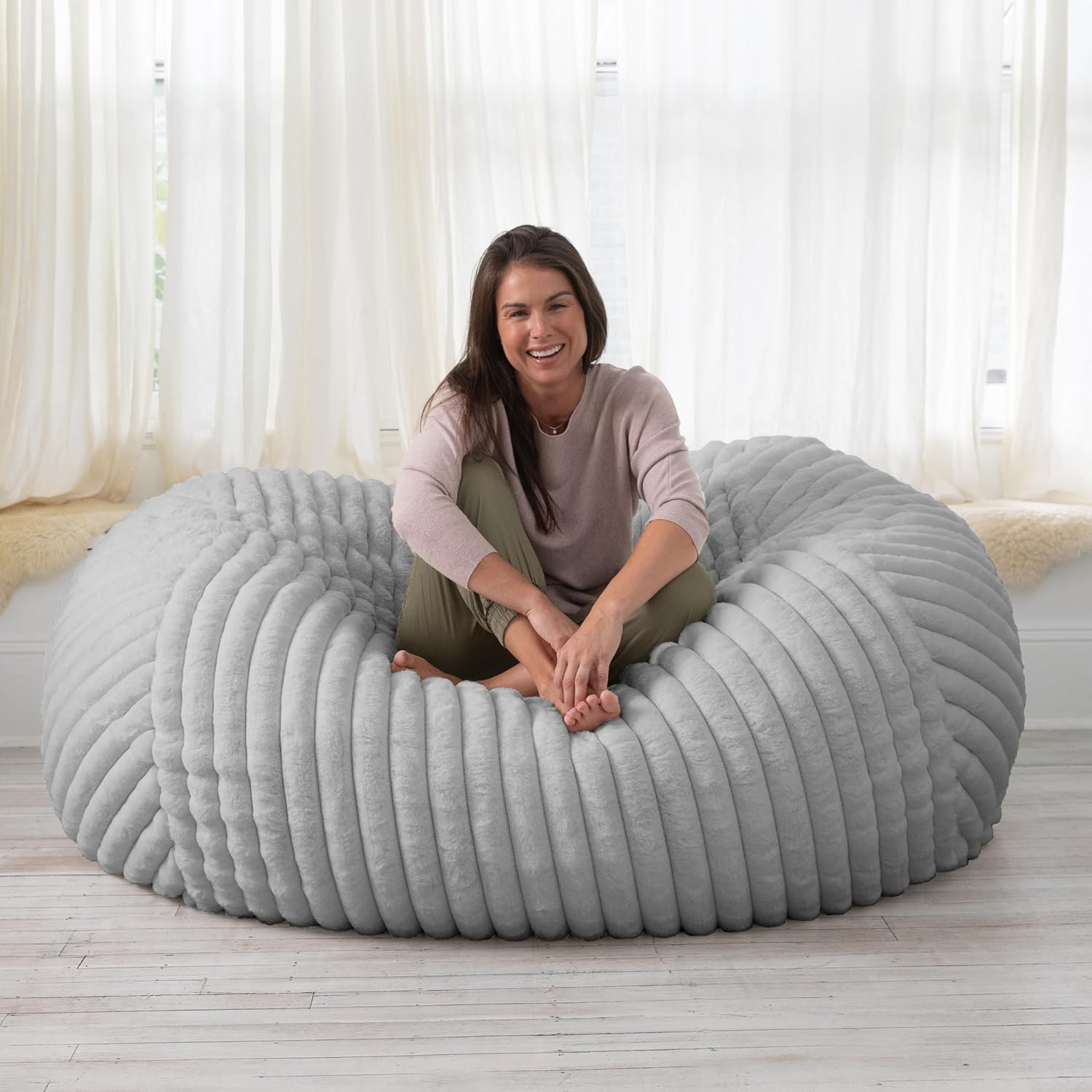 Jaxx 5.5 ft Bean Bag Loveseat, Premium Faux Fur, Mondo Grey