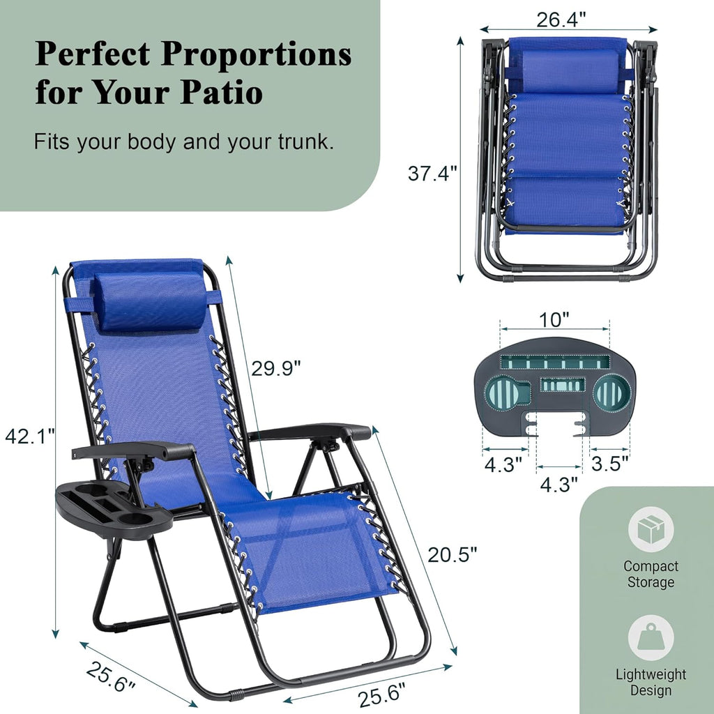 Devoko Zero Gravity Chair, Foldable Patio Recliner with Cup Holder, Blue | Padded Design, Heavy Duty, Supports 350 LBS, Anti-Gravity, for Camping, Outdoor, Lawn Use