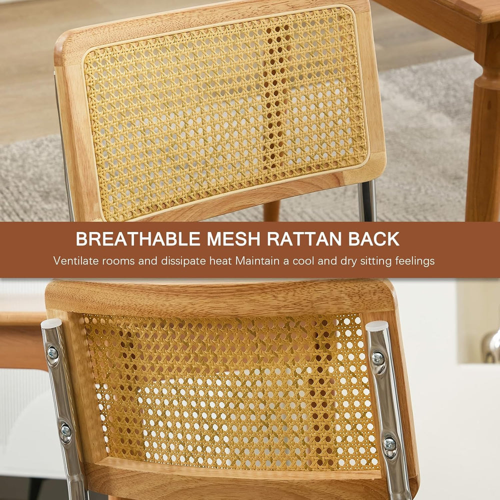 Rattan Back Linen Dining Chair Set of 4 Modern Stainless Chrome Base Armless ...