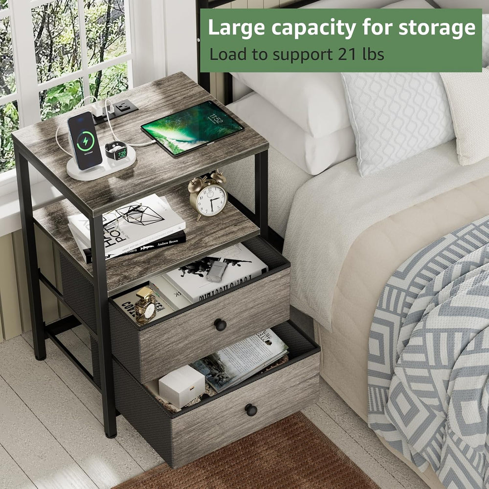 BOLUO Gray Nightstand with Charging Station, LED Night Stand with 2 Fabric Dr...